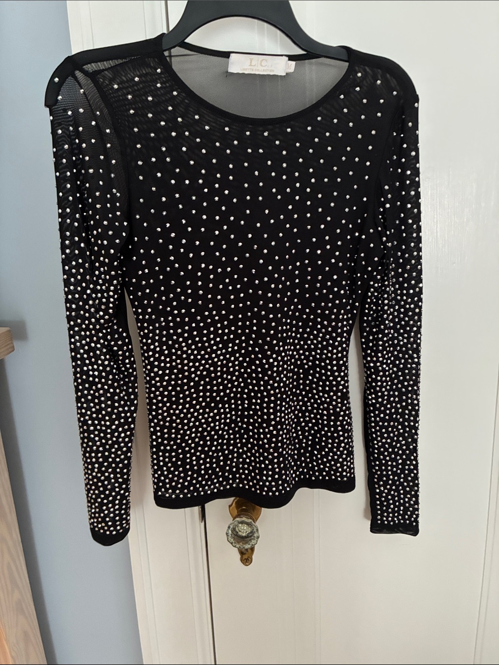 Lc Black Long-Sleeve Mesh Top With Silver Stud Embellishments